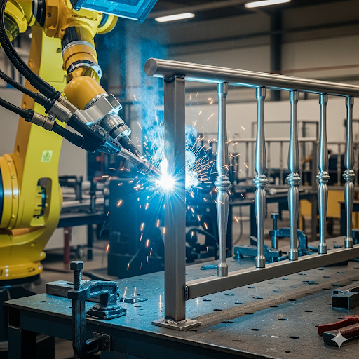 A robotic welding arm welding pickets to a railing.