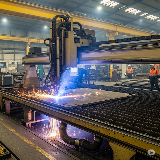 A plasma cutter precisely cutting a sheet of steel.