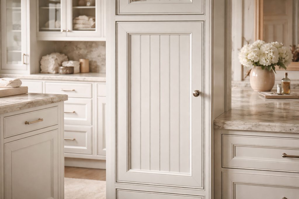 Solid Azek beadboard cabinet doors, custom handcrafted by Estate Millwork