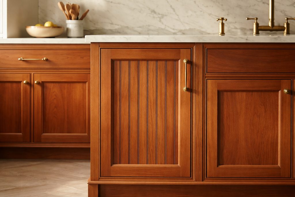 Solid Cherry beadboard cabinet doors, custom handcrafted by Estate Millwork