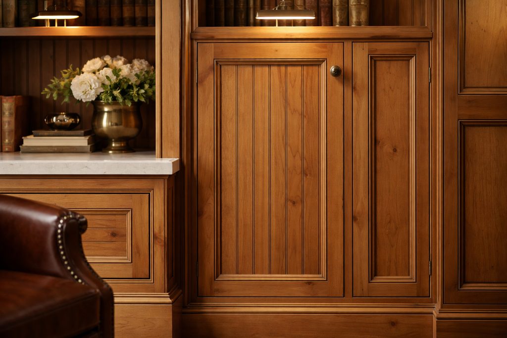 Solid Knotty Alder beadboard cabinet doors, custom handcrafted by Estate Millwork