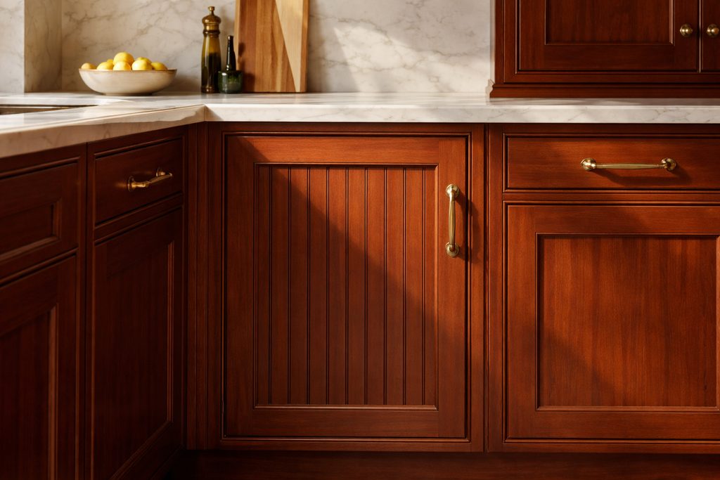 Solid Mahogany beadboard cabinet doors, custom handcrafted by Estate Millwork