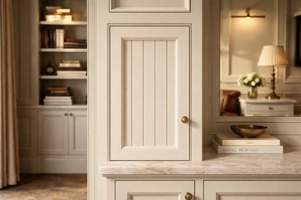 Solid Poplar beadboard cabinet doors, custom handcrafted by Estate Millwork