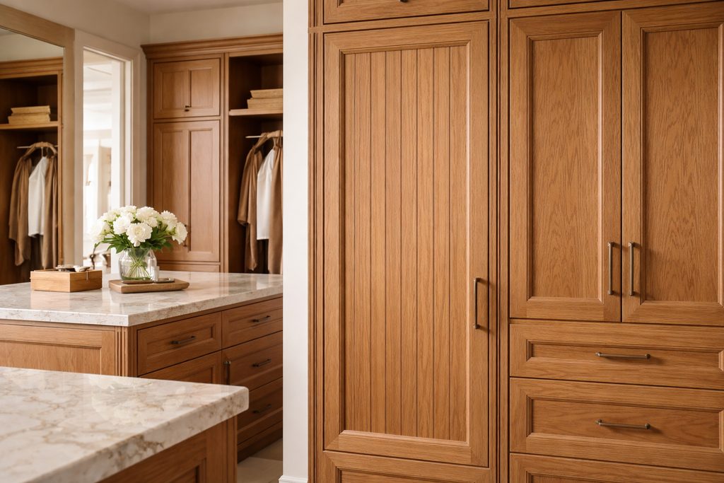 Solid Red Oak beadboard cabinet doors, custom handcrafted by Estate Millwork