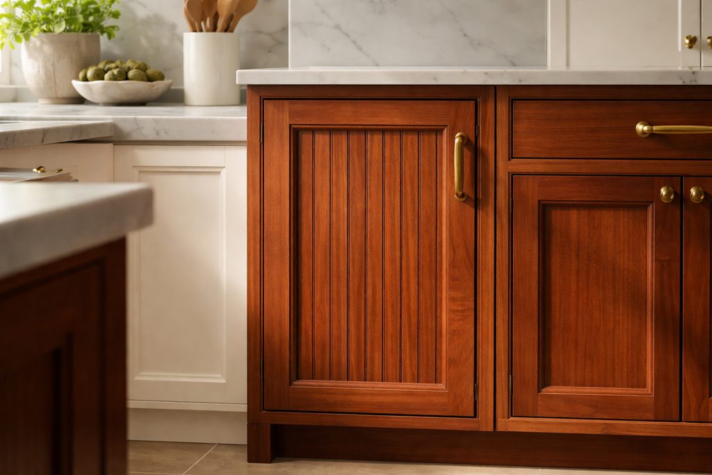 Solid Sapele beadboard cabinet doors, custom handcrafted by Estate Millwork