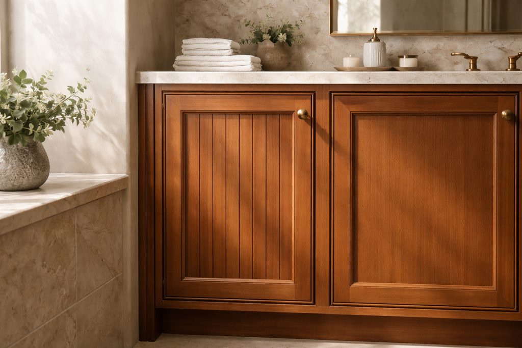 Solid Spanish Cedar beadboard cabinet doors, custom handcrafted by Estate Millwork