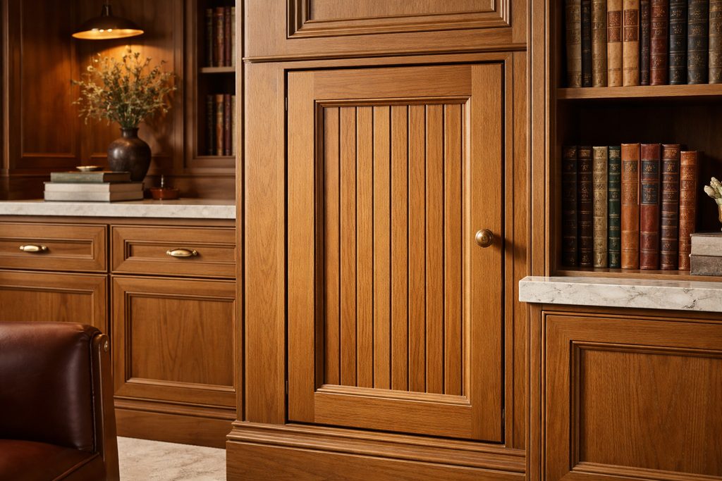 Solid Teak beadboard cabinet doors, custom handcrafted by Estate Millwork