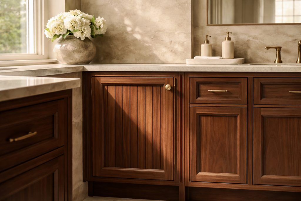 Solid Walnut beadboard cabinet doors, custom handcrafted by Estate Millwork