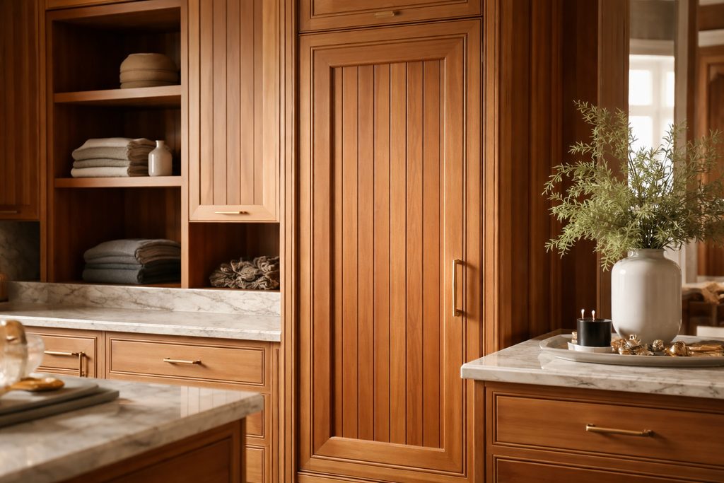 Solid Western Red Cedar beadboard cabinet doors, custom handcrafted by Estate Millwork