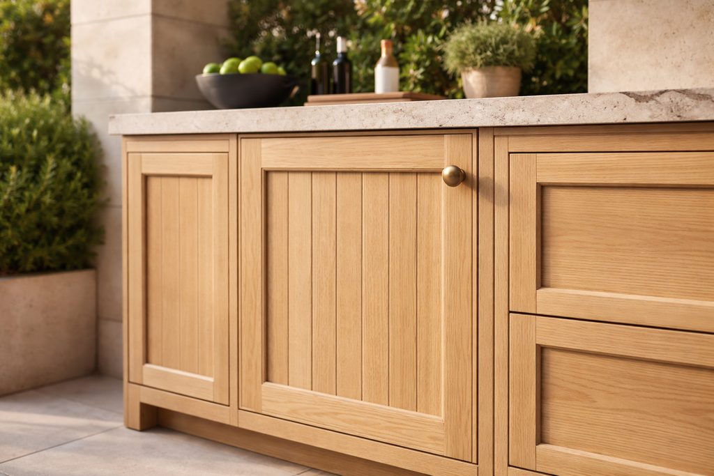 Solid White Oak beadboard cabinet doors, custom handcrafted by Estate Millwork