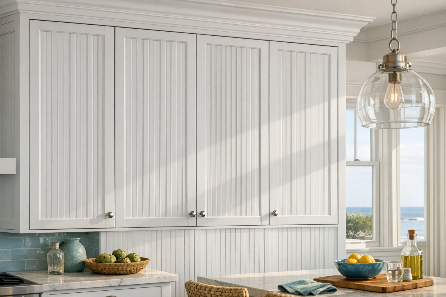 Solid White Oak beadboard drawer fronts, custom handcrafted by Estate Millwork
