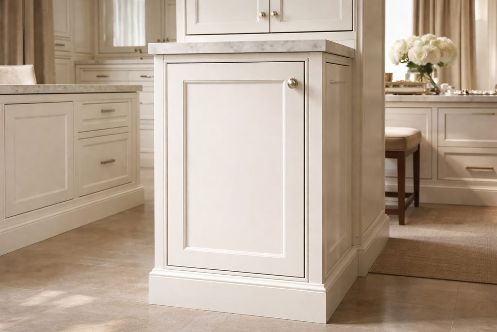 Solid Azek flat panel cabinet doors, custom handcrafted by Estate Millwork