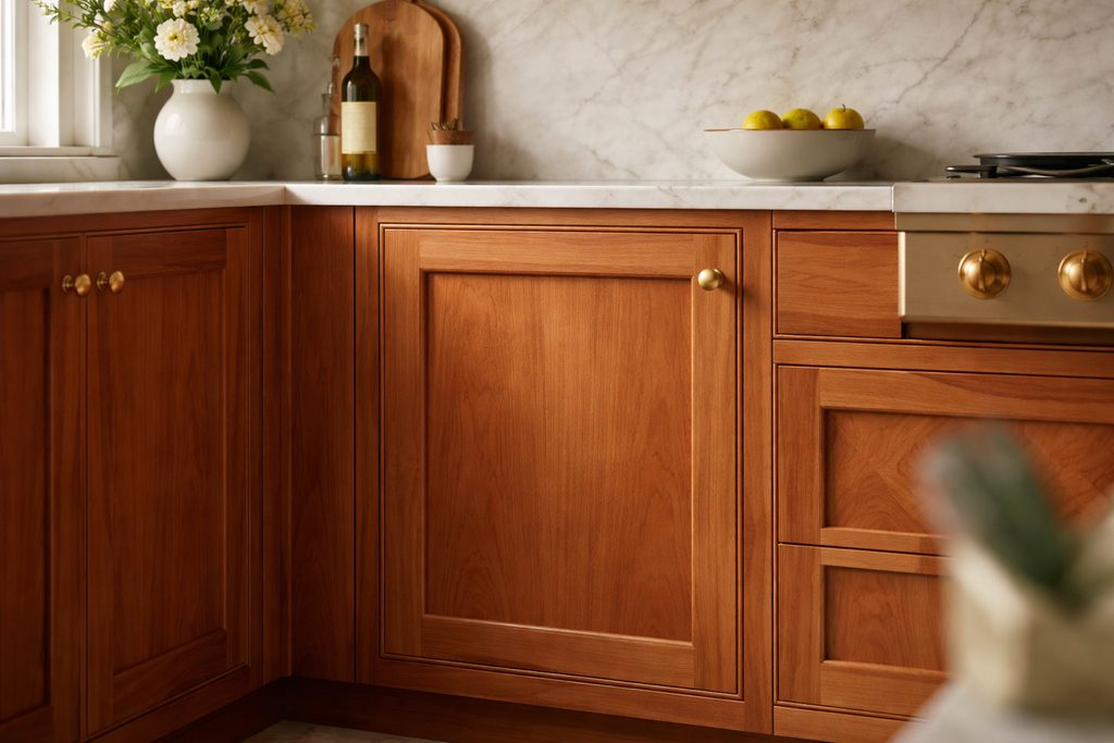 Solid Cherry flat panel cabinet doors, custom handcrafted by Estate Millwork