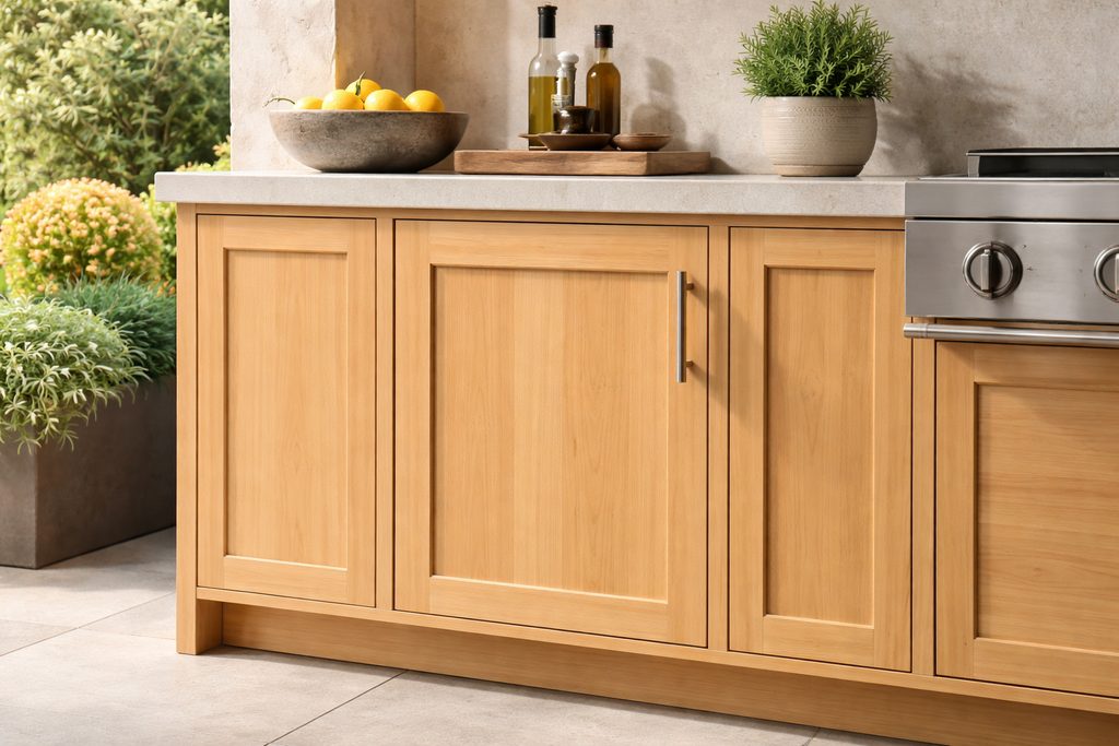 Solid Cypress flat panel cabinet doors, custom handcrafted by Estate Millwork