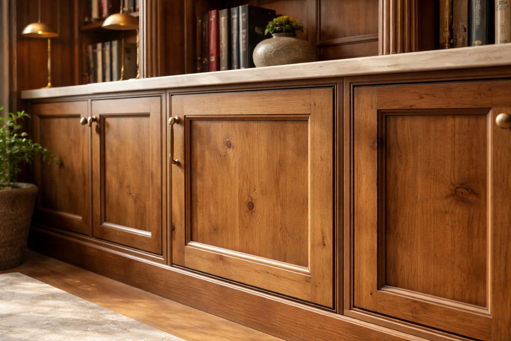 Solid Knotty Alder flat panel cabinet doors, custom handcrafted by Estate Millwork