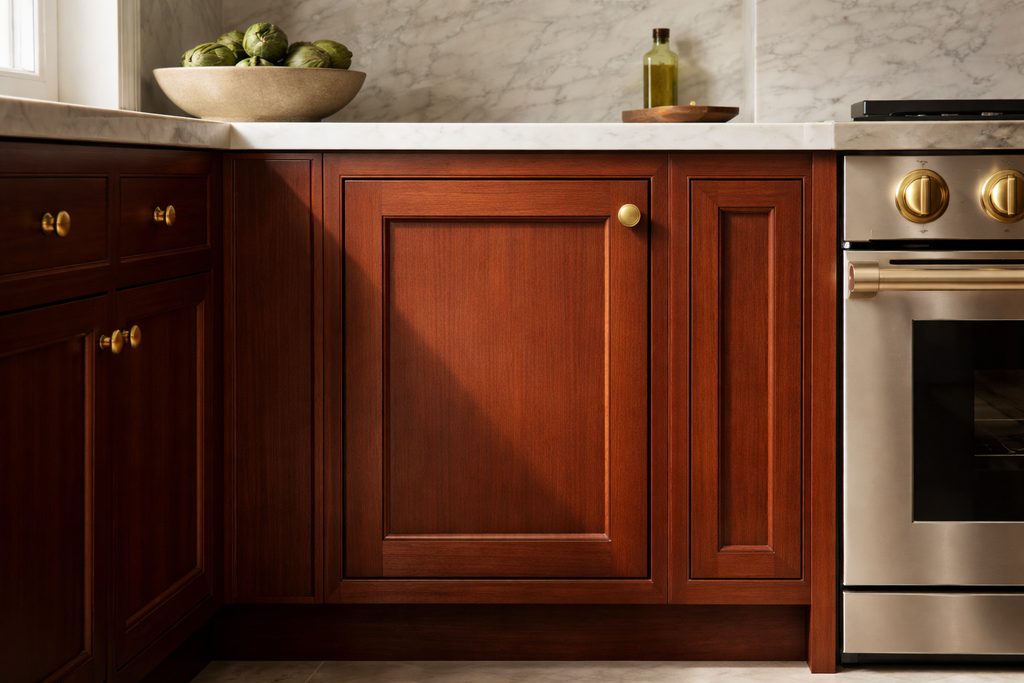 Solid Mahogany flat panel cabinet doors, custom handcrafted by Estate Millwork