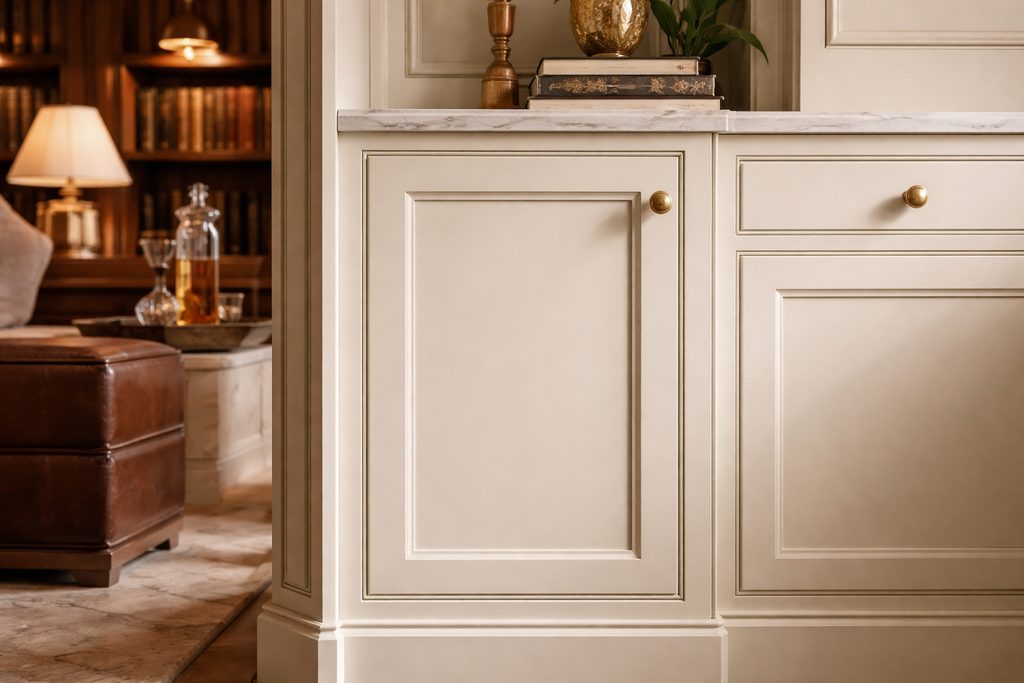 Solid Poplar flat panel cabinet doors, custom handcrafted by Estate Millwork