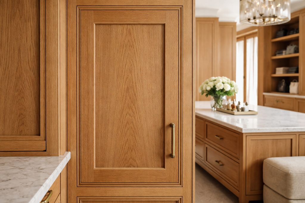 Solid Red Oak flat panel cabinet doors, custom handcrafted by Estate Millwork