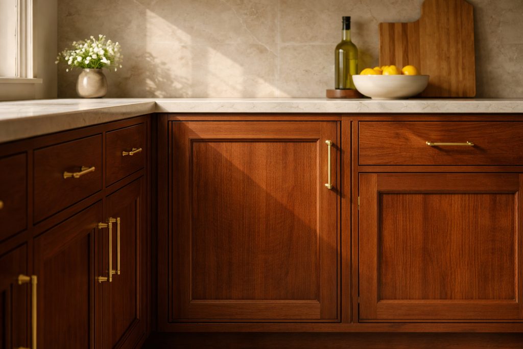 Solid Sapele flat panel cabinet doors, custom handcrafted by Estate Millwork