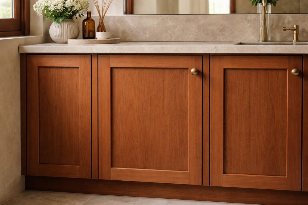 Solid Spanish Cedar flat panel cabinet doors, custom handcrafted by Estate Millwork