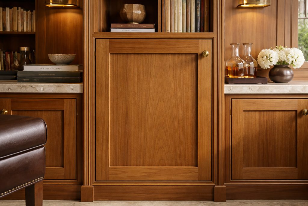 Solid Teak flat panel cabinet doors, custom handcrafted by Estate Millwork