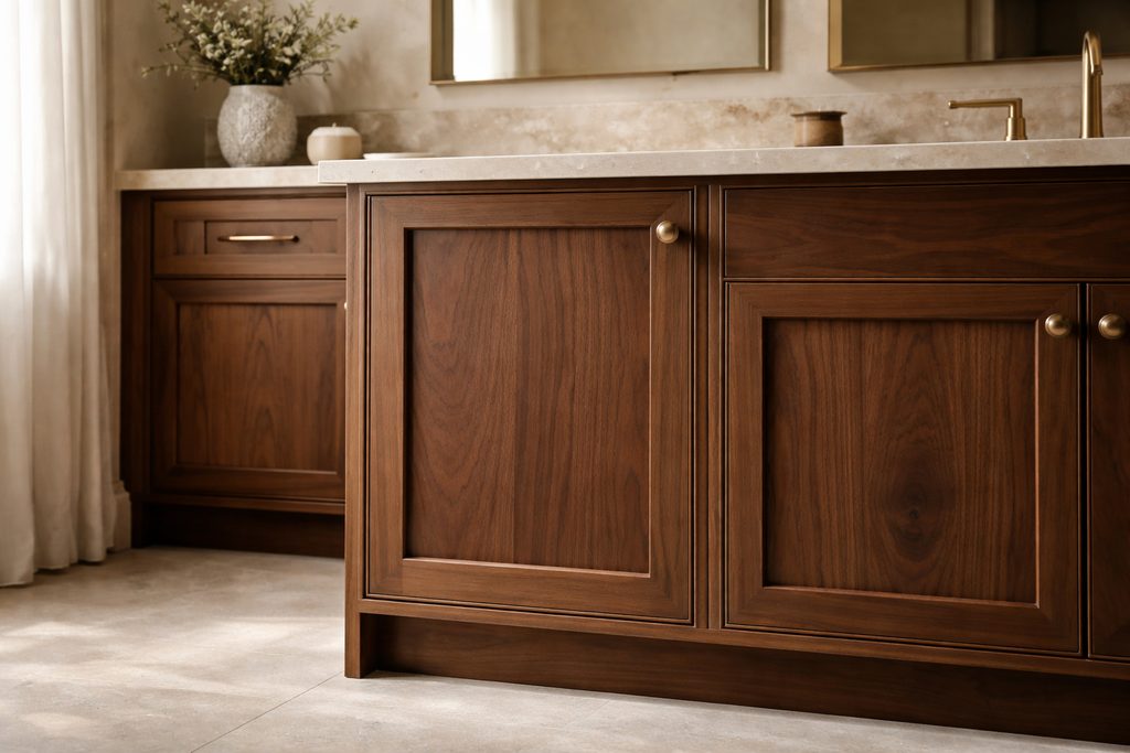 Solid Walnut flat panel cabinet doors, custom handcrafted by Estate Millwork