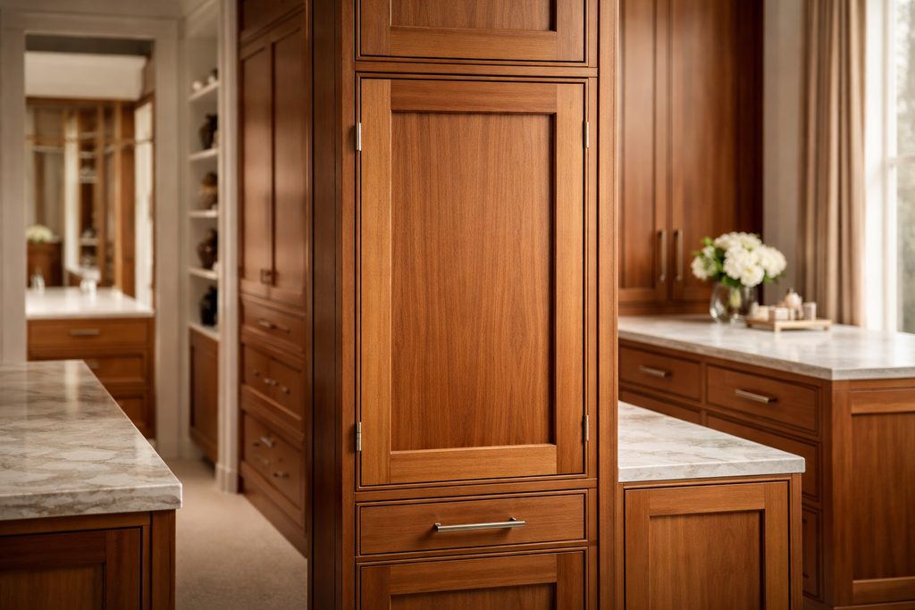 Solid Western Red Cedar flat panel cabinet doors, custom handcrafted by Estate Millwork