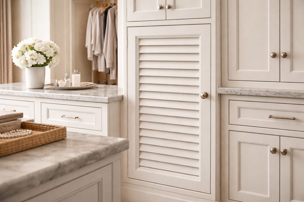 Solid Azek louvered cabinet doors, custom handcrafted by Estate Millwork