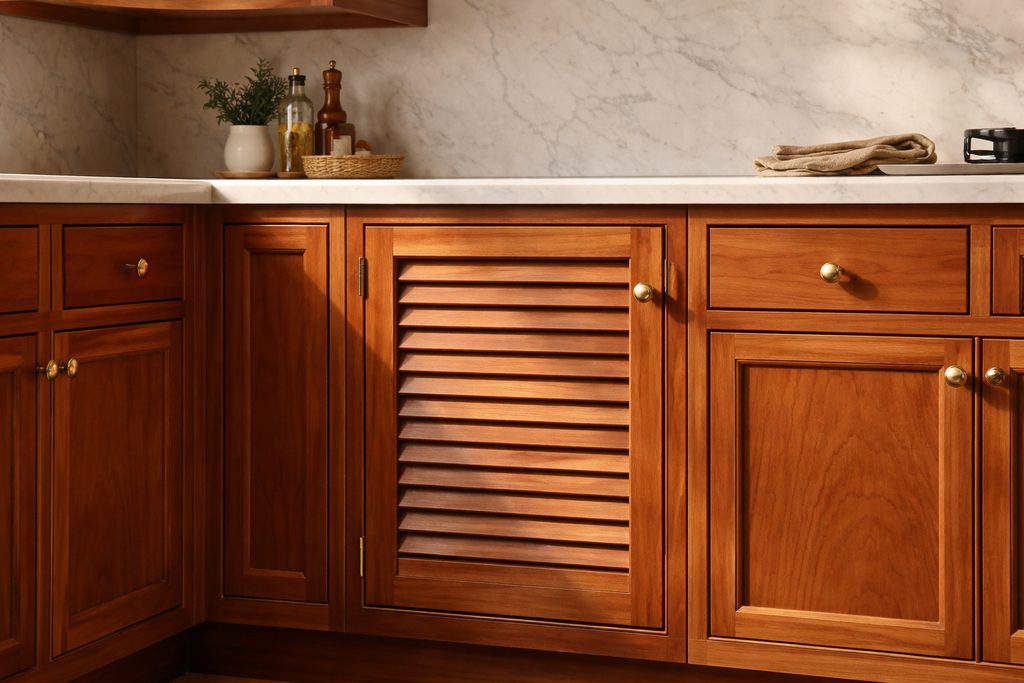 Solid Cherry louvered cabinet doors, custom handcrafted by Estate Millwork