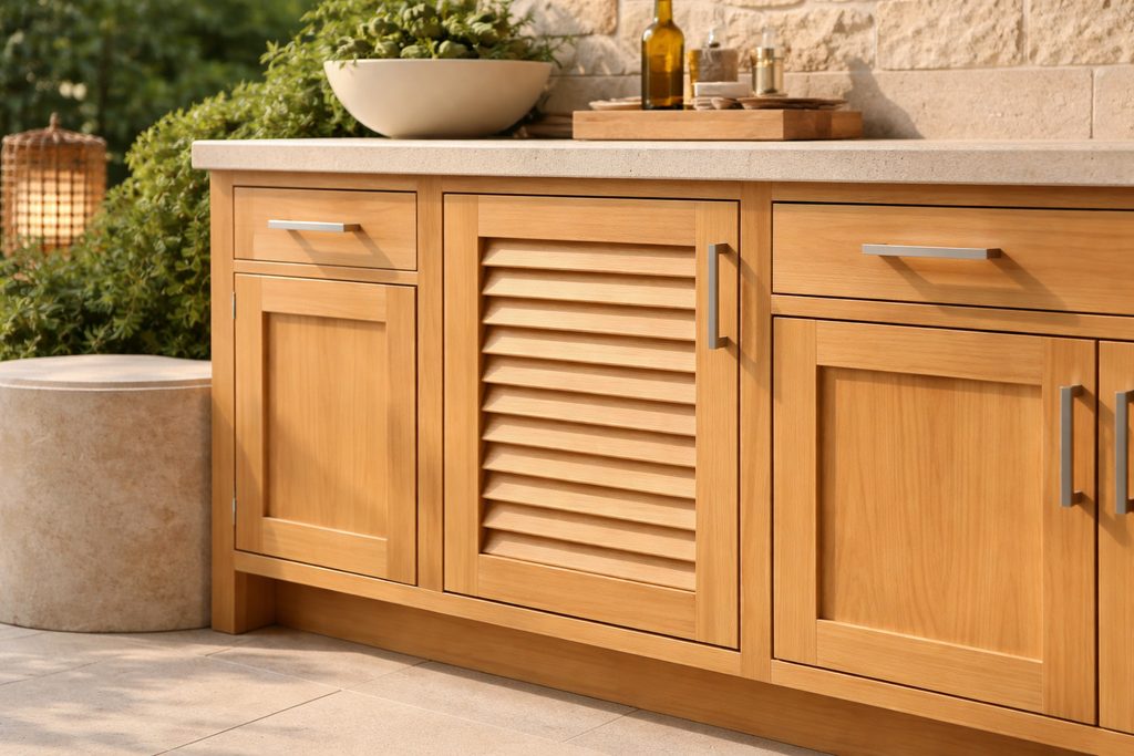 Solid Cypress louvered cabinet doors, custom handcrafted by Estate Millwork
