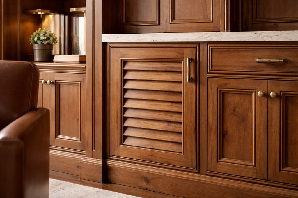 Solid Knotty Alder louvered cabinet doors, custom handcrafted by Estate Millwork