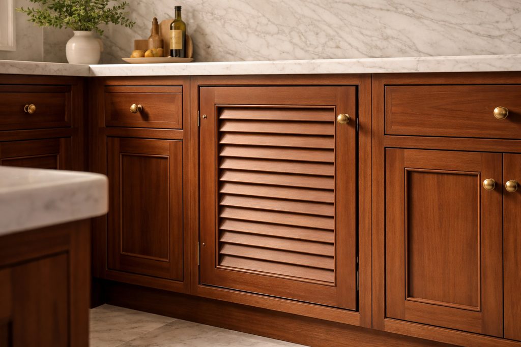 Solid Mahogany louvered cabinet doors, custom handcrafted by Estate Millwork