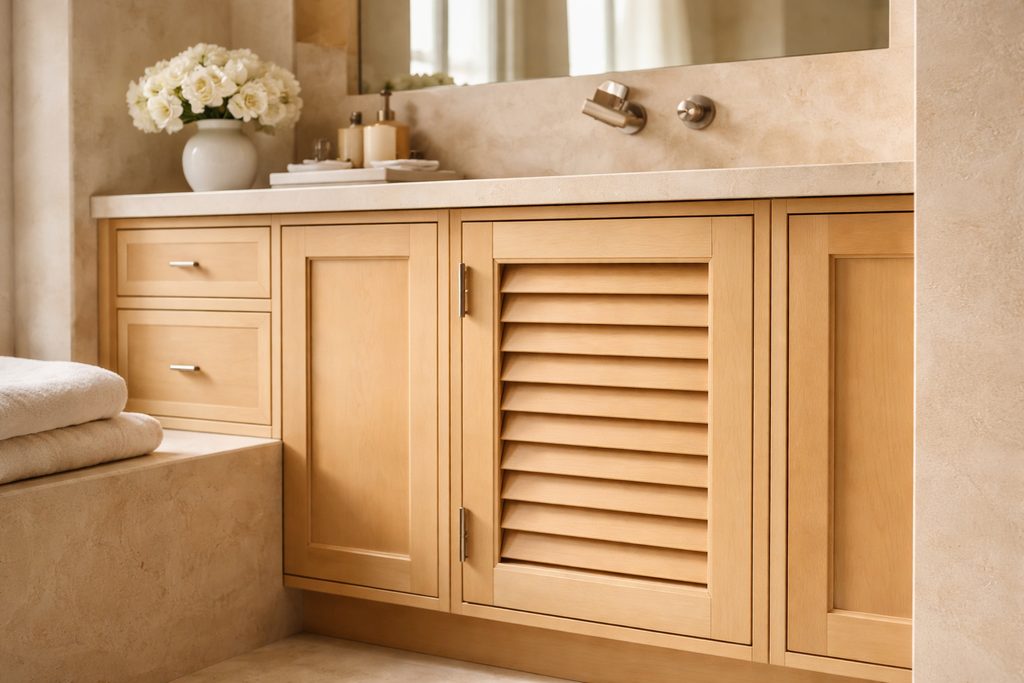 Solid Maple louvered cabinet doors, custom handcrafted by Estate Millwork