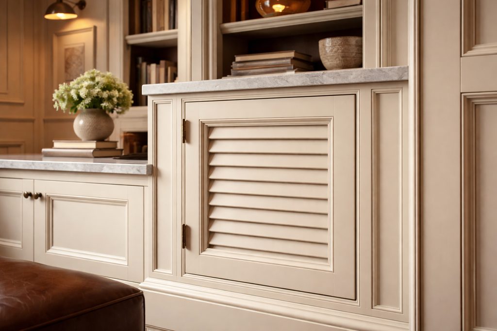Solid Poplar louvered cabinet doors, custom handcrafted by Estate Millwork
