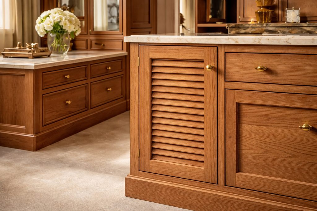 Solid Red Oak louvered cabinet doors, custom handcrafted by Estate Millwork