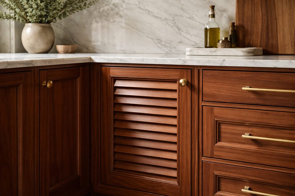 Solid Sapele louvered cabinet doors, custom handcrafted by Estate Millwork