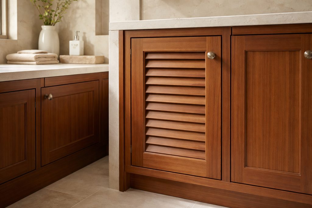 Solid Spanish Cedar louvered cabinet doors, custom handcrafted by Estate Millwork