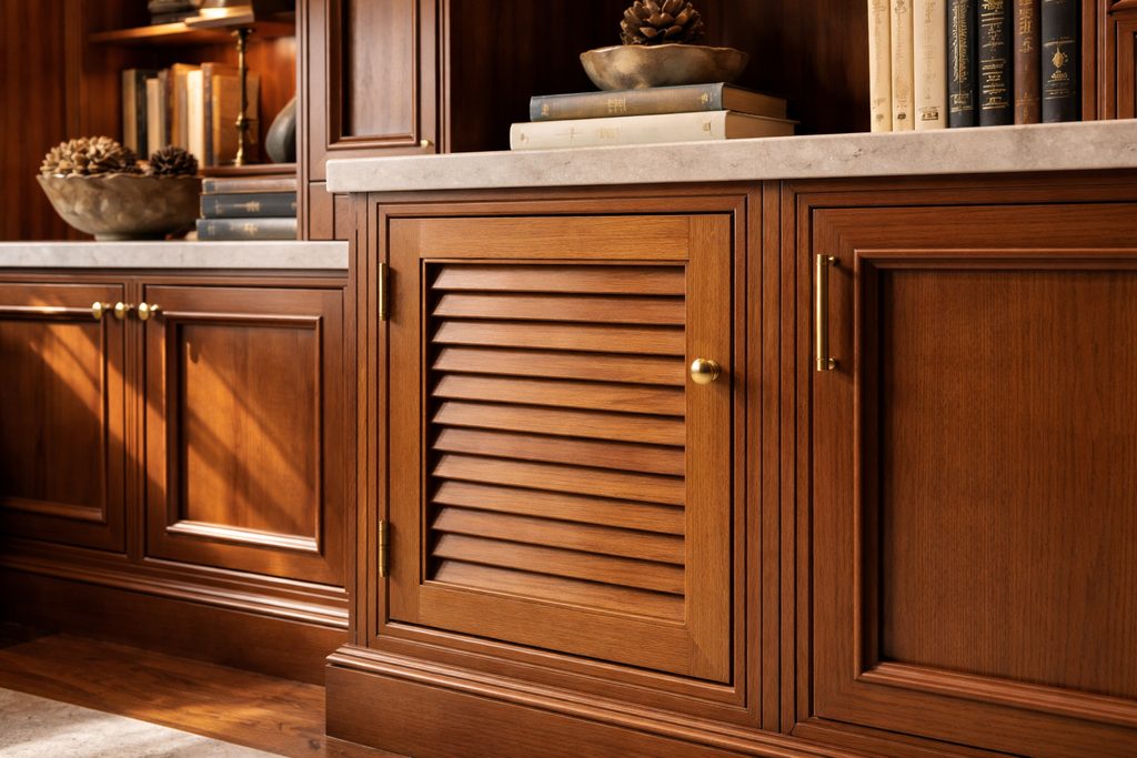 Solid Teak louvered cabinet doors, custom handcrafted by Estate Millwork