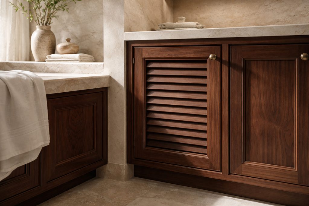 Solid Walnut louvered cabinet doors, custom handcrafted by Estate Millwork