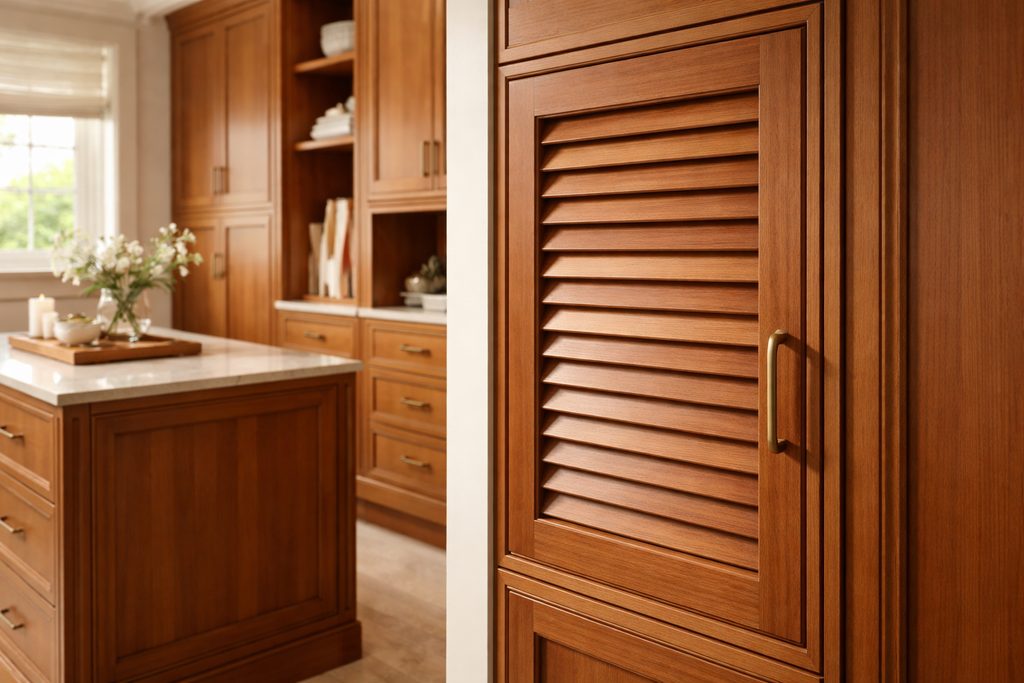 Solid Western Red Cedar louvered cabinet doors, custom handcrafted by Estate Millwork