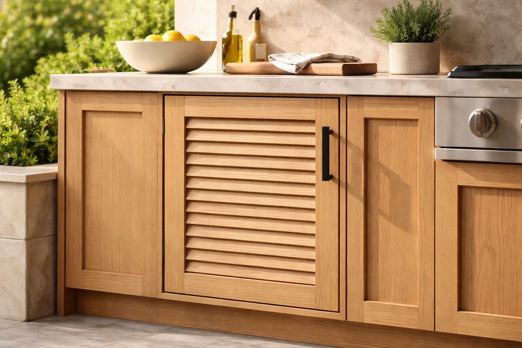 Solid White Oak louvered cabinet doors, custom handcrafted by Estate Millwork