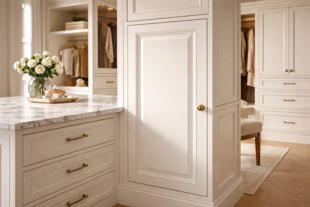 Solid Azek raised panel cabinet doors, custom handcrafted by Estate Millwork