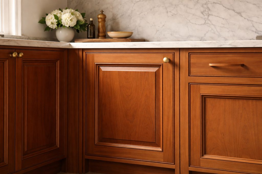 Solid Cherry raised panel cabinet doors, custom handcrafted by Estate Millwork