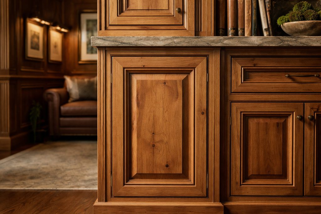 Solid Knotty Alder raised panel cabinet doors, custom handcrafted by Estate Millwork
