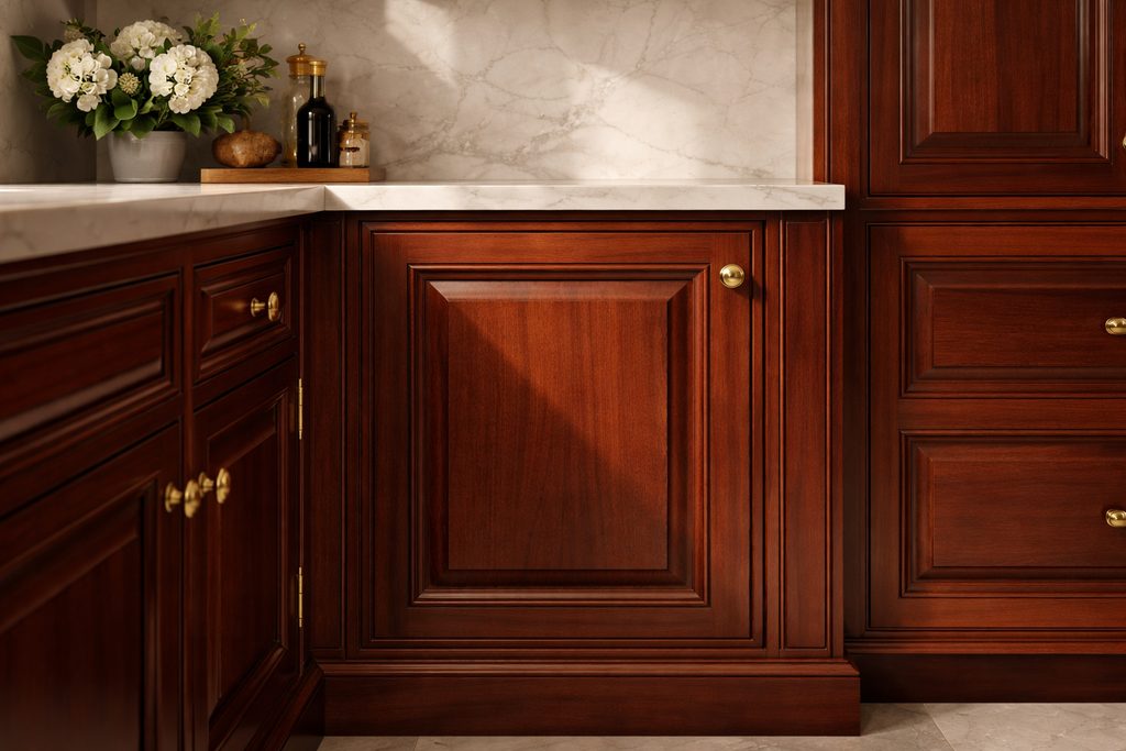 Solid Mahogany raised panel cabinet doors, custom handcrafted by Estate Millwork
