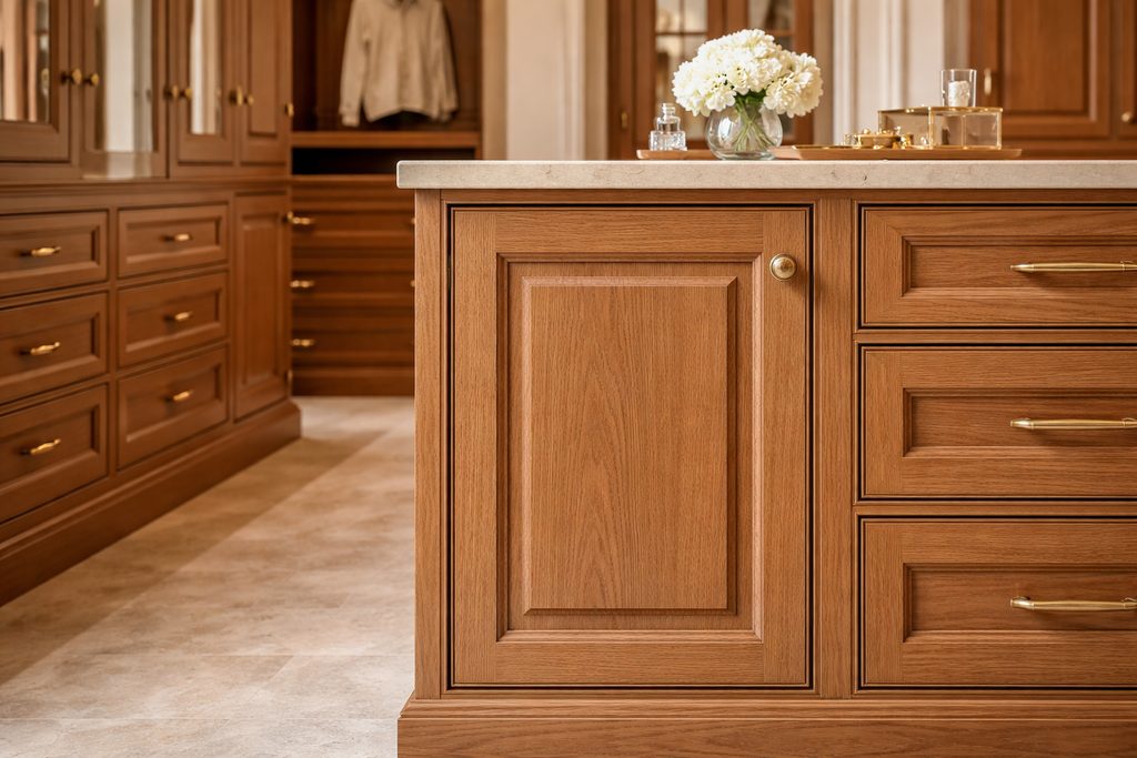 Solid Red Oak raised panel cabinet doors, custom handcrafted by Estate Millwork