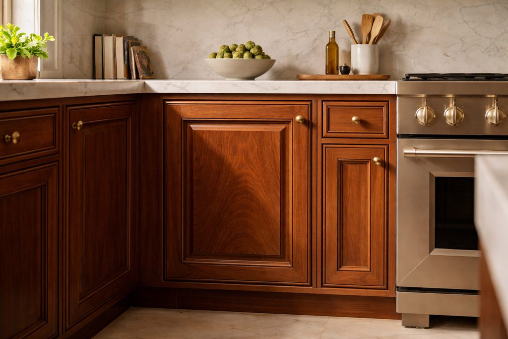 Solid Sapele raised panel cabinet doors, custom handcrafted by Estate Millwork