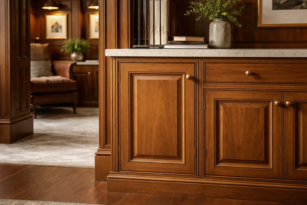 Solid Teak raised panel cabinet doors, custom handcrafted by Estate Millwork