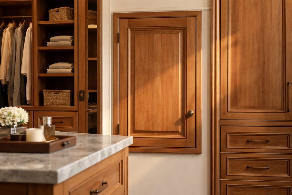 Solid Western Red Cedar raised panel cabinet doors, custom handcrafted by Estate Millwork