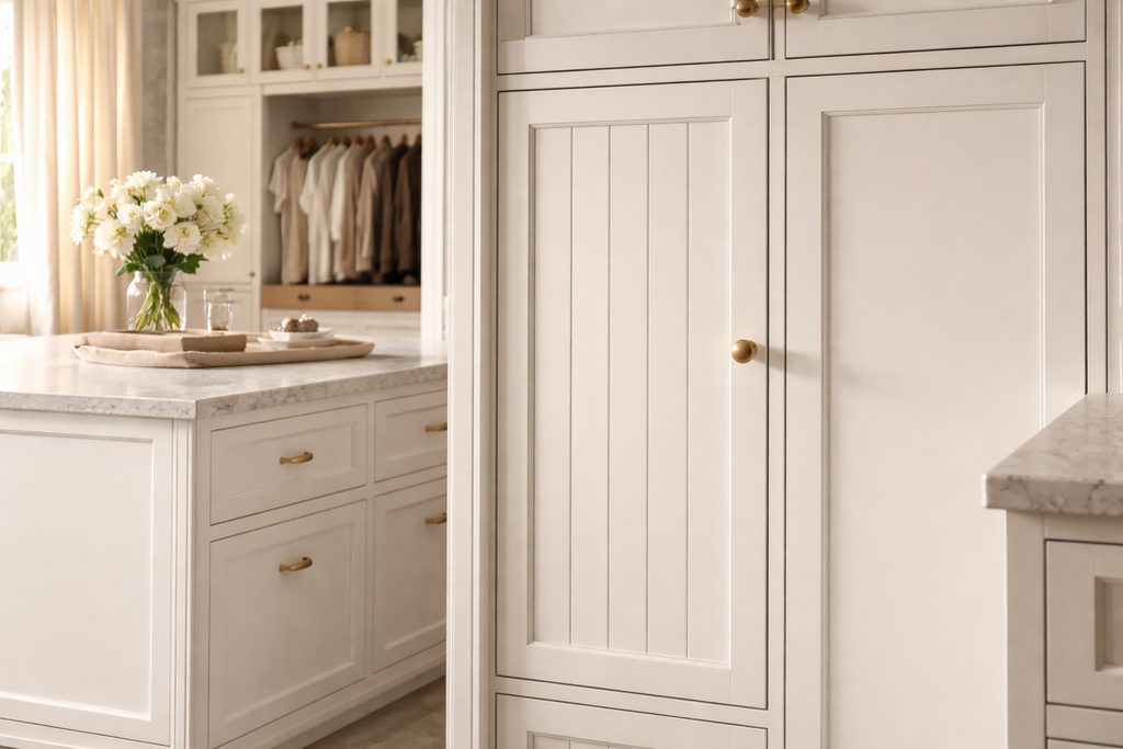 Solid Azek vgroove cabinet doors, custom handcrafted by Estate Millwork